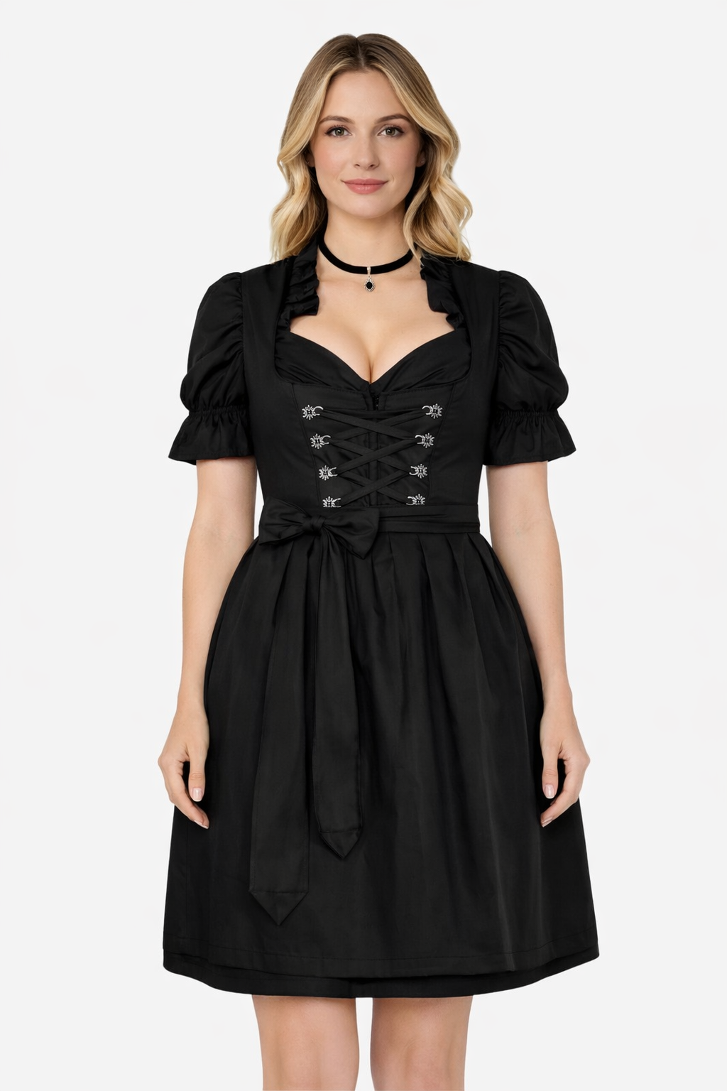 Front view of premium Oktoberfest dirndl dress worn by model featuring black bodice, lace-up front and traditional fit design