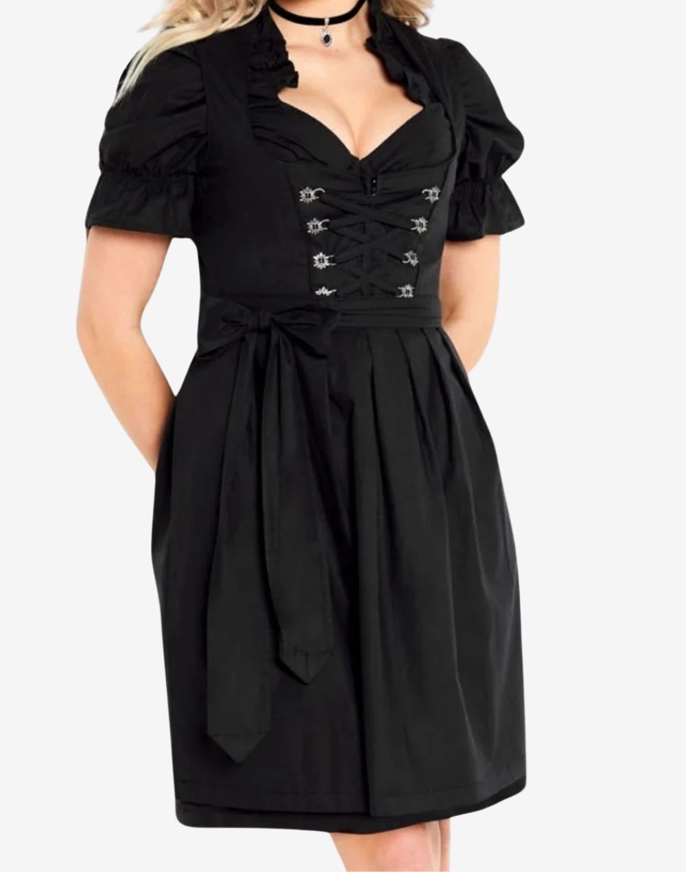 premium Oktoberfest dirndl dress featuring embroidered bodice, green apron and traditional Bavarian styling