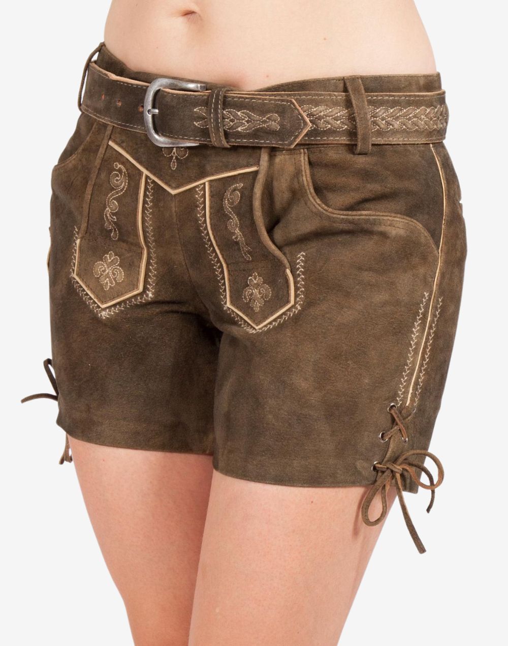 Front view of women’s brown suede lederhosen shorts with traditional Bavarian embroidery, decorative front flap, braided leather belt, and side lace-up detailing.