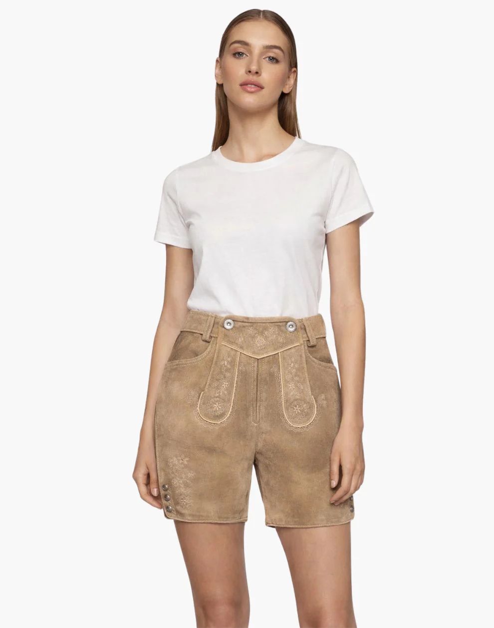 Women’s beige premium lederhosen shorts with embroidery and classic Bavarian design.