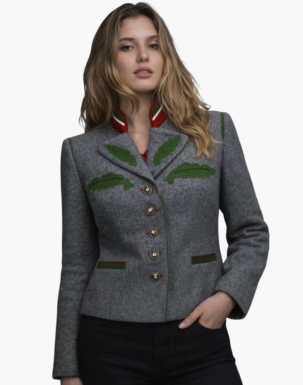 Woman wearing a gray jacket with green leaf patterns on a white background