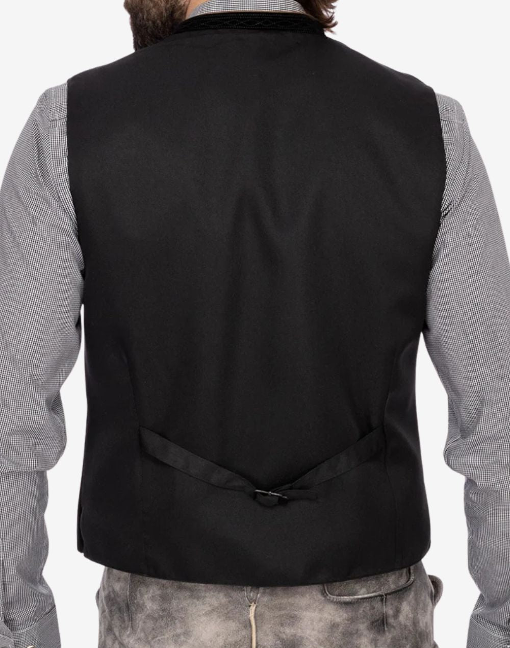 Back view of premium Oktoberfest vest for men featuring smooth satin lining, adjustable waist strap and tailored Bavarian fit.