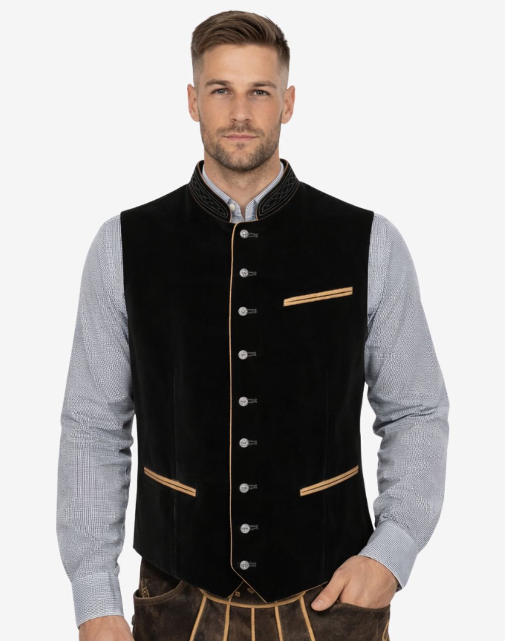 Model wearing premium Oktoberfest vest in black velvet with traditional shirt and Lederhosen for Bavarian festival outfit.