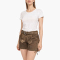 Woman wearing a white t-shirt and brown shorts on a white background