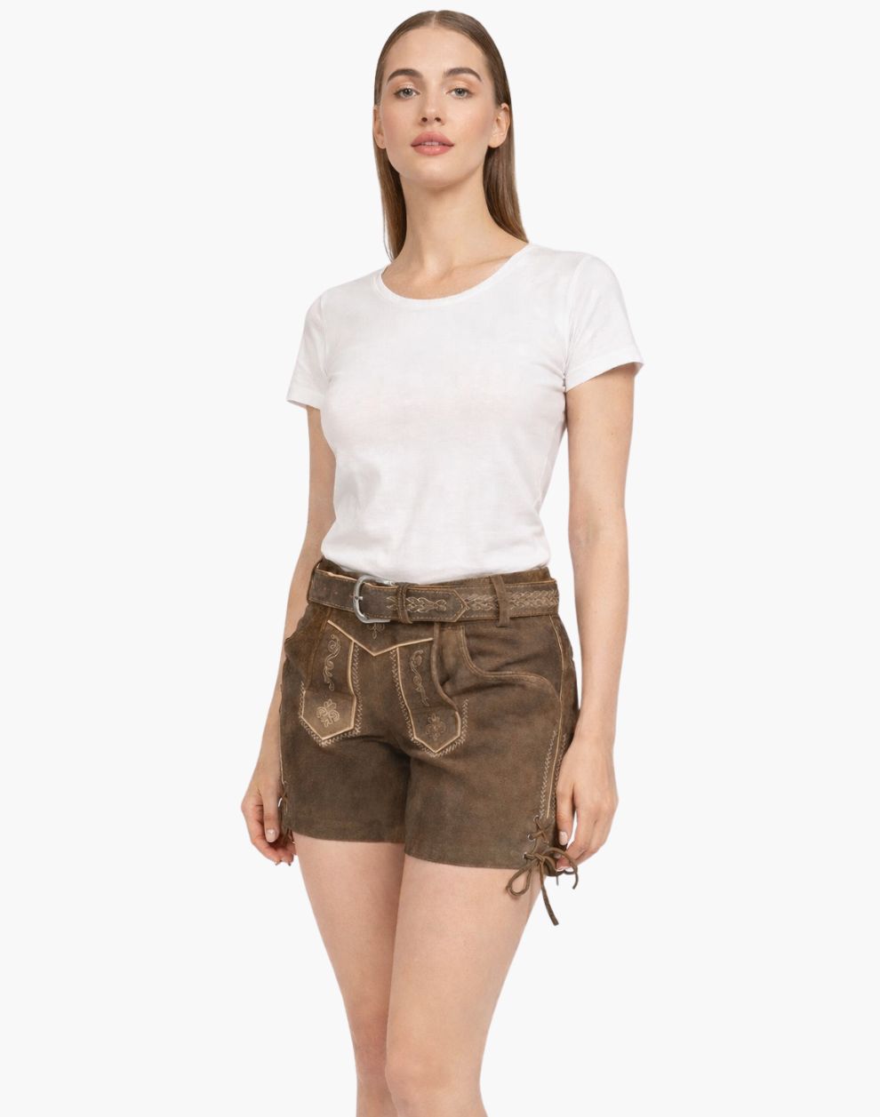 Woman wearing a white t-shirt and brown shorts on a white background