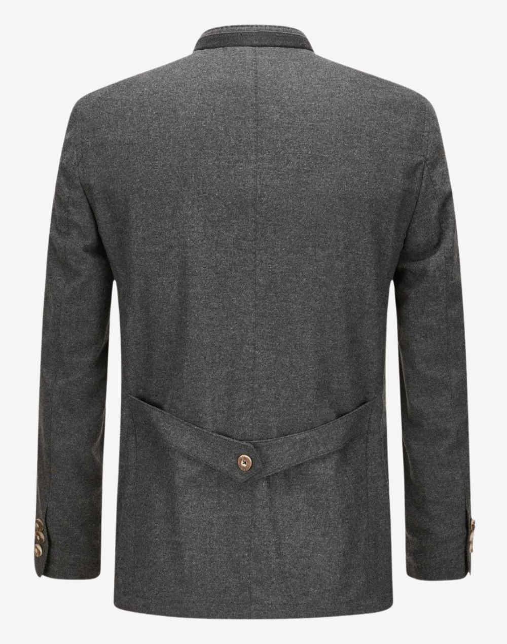 Rear view of premium trachten jacket for men showing clean back panel, adjustable waist strap and traditional alpine tailoring detail