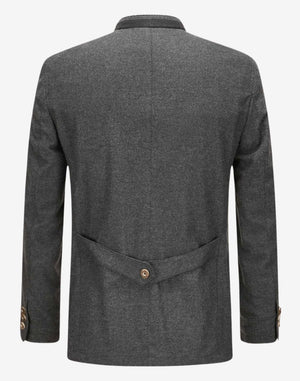Rear view of premium trachten jacket for men showing clean back panel, adjustable waist strap and traditional alpine tailoring detail