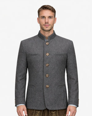 Front view of model wearing Premium Trachten Jacket for Men in grey with stand collar and wooden buttons