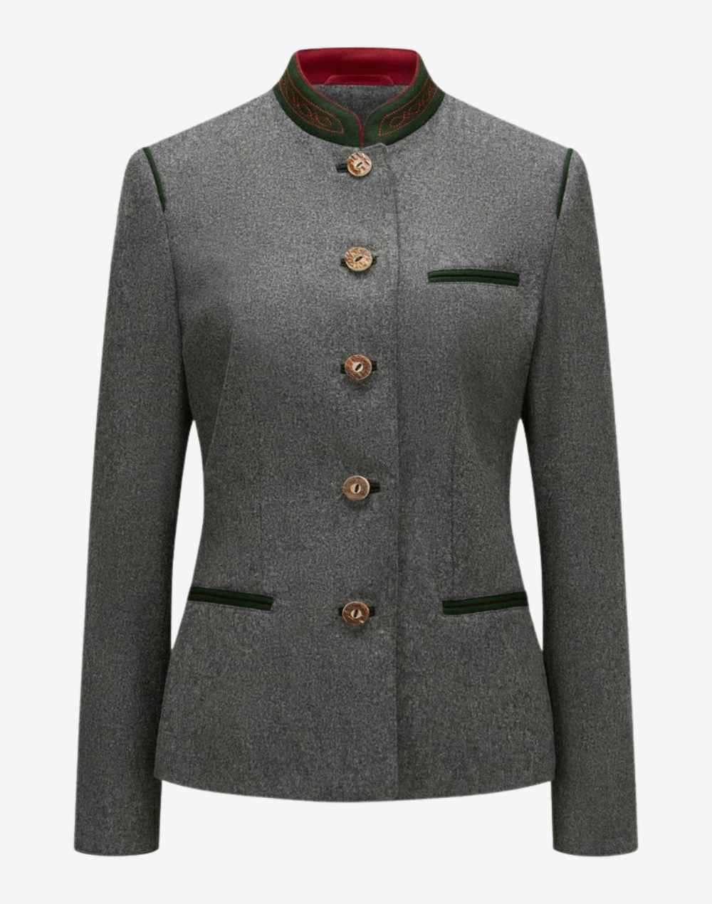 Front view of a women’s grey Bavarian-style trachten jacket featuring a stand collar with green trim, decorative traditional buttons, and tailored fit with Alpine-inspired detailing.