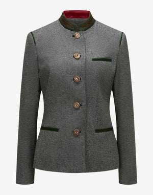 Front view of a women’s grey Bavarian-style trachten jacket featuring a stand collar with green trim, decorative traditional buttons, and tailored fit with Alpine-inspired detailing.