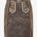 Women’s brown suede Bavarian trachten skirt with traditional embroidered front panel, decorative stitching, and vintage alpine-inspired design.