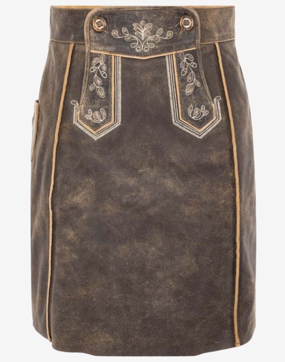 Women’s brown suede Bavarian trachten skirt with traditional embroidered front panel, decorative stitching, and vintage alpine-inspired design.