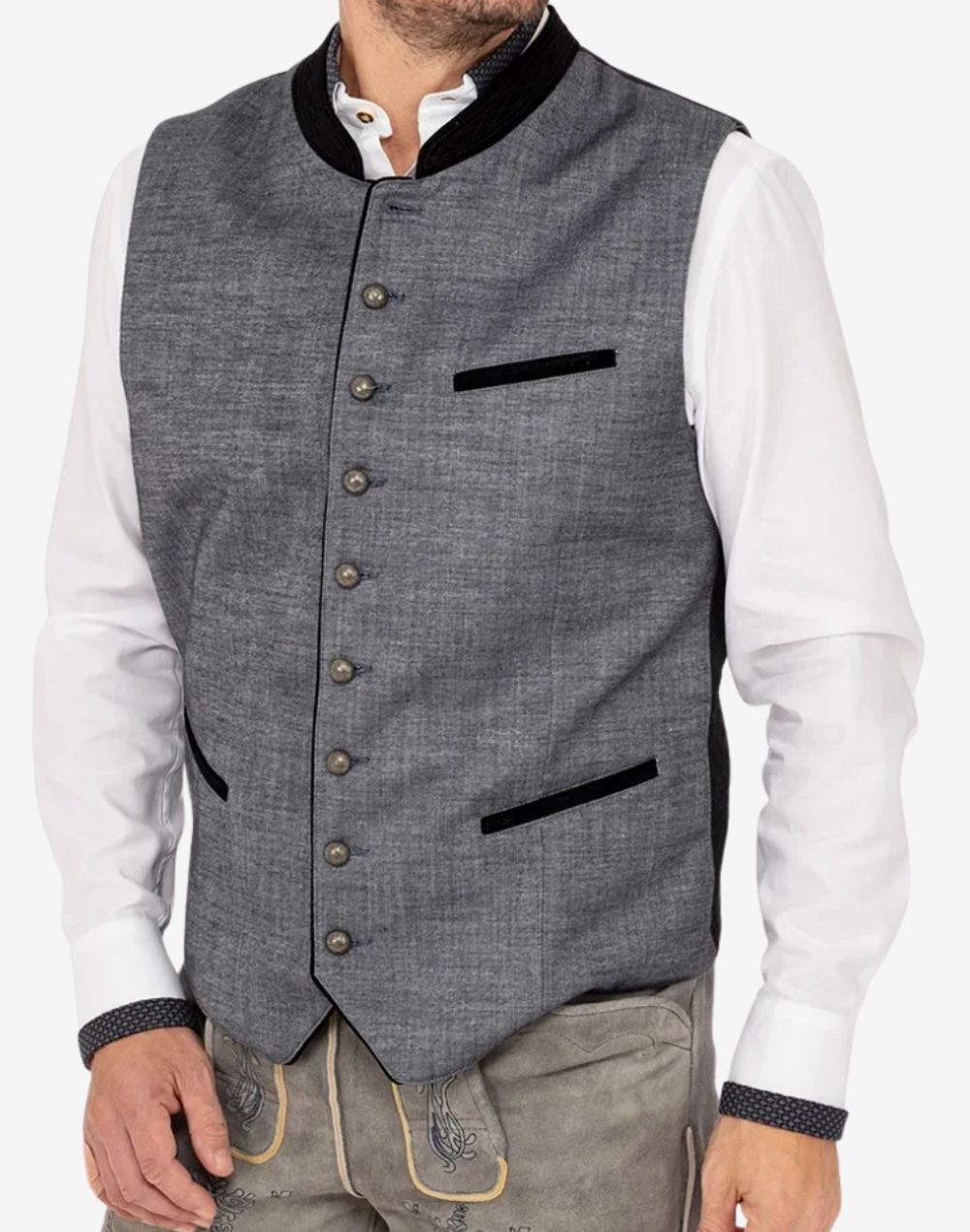 Angled view of men’s Trachten vest highlighting tailored fit, textured fabric and traditional alpine vest silhouette