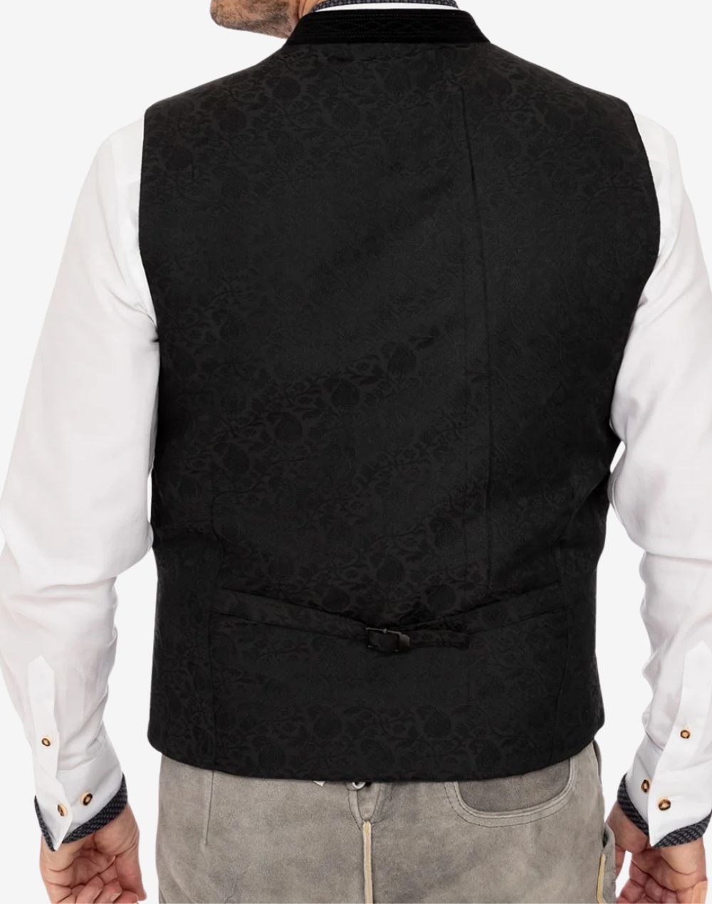 Back view of premium Trachten vest for men showing adjustable rear strap, structured fit and traditional Bavarian styling