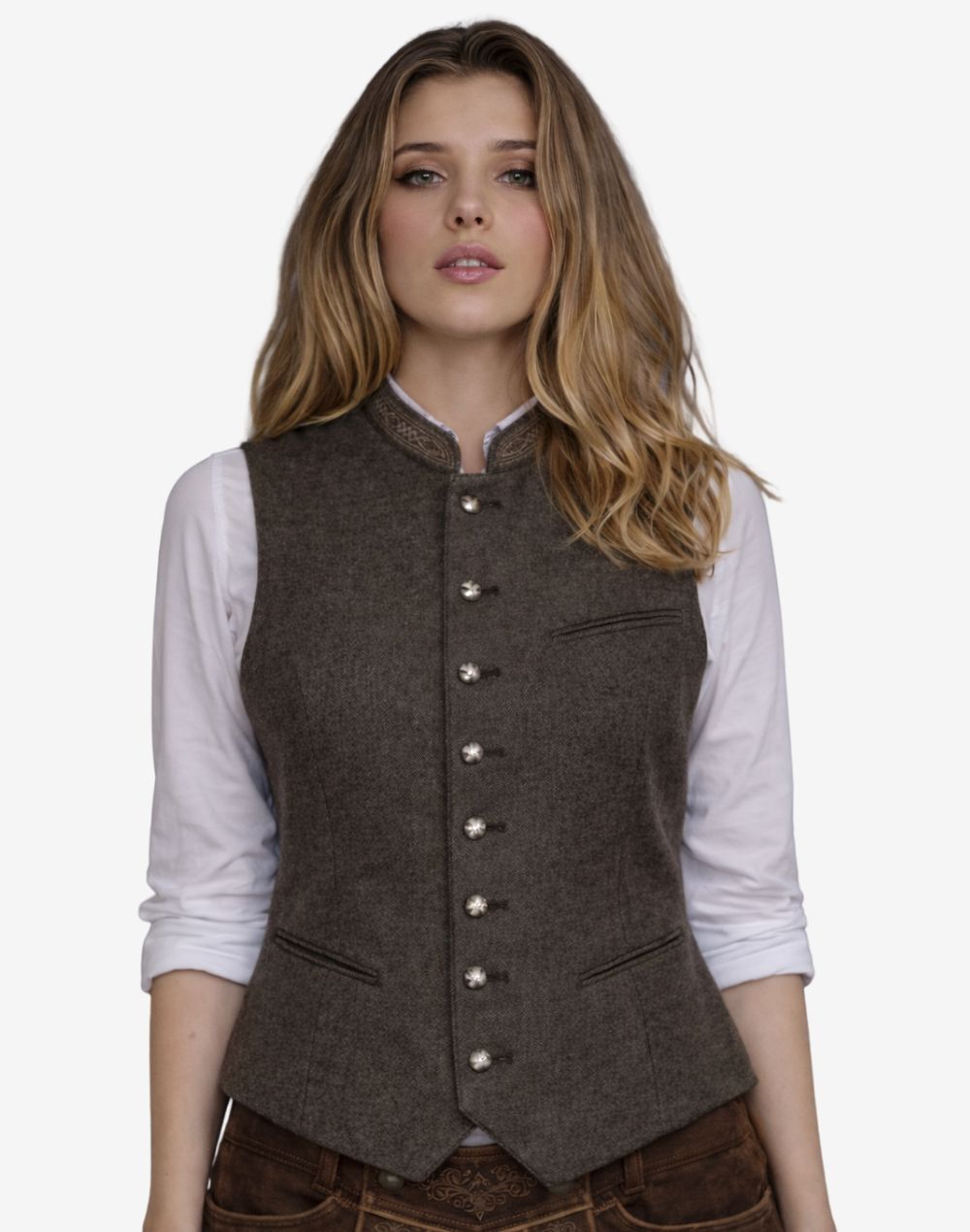Woman wearing a brown vest over a white shirt on a white background