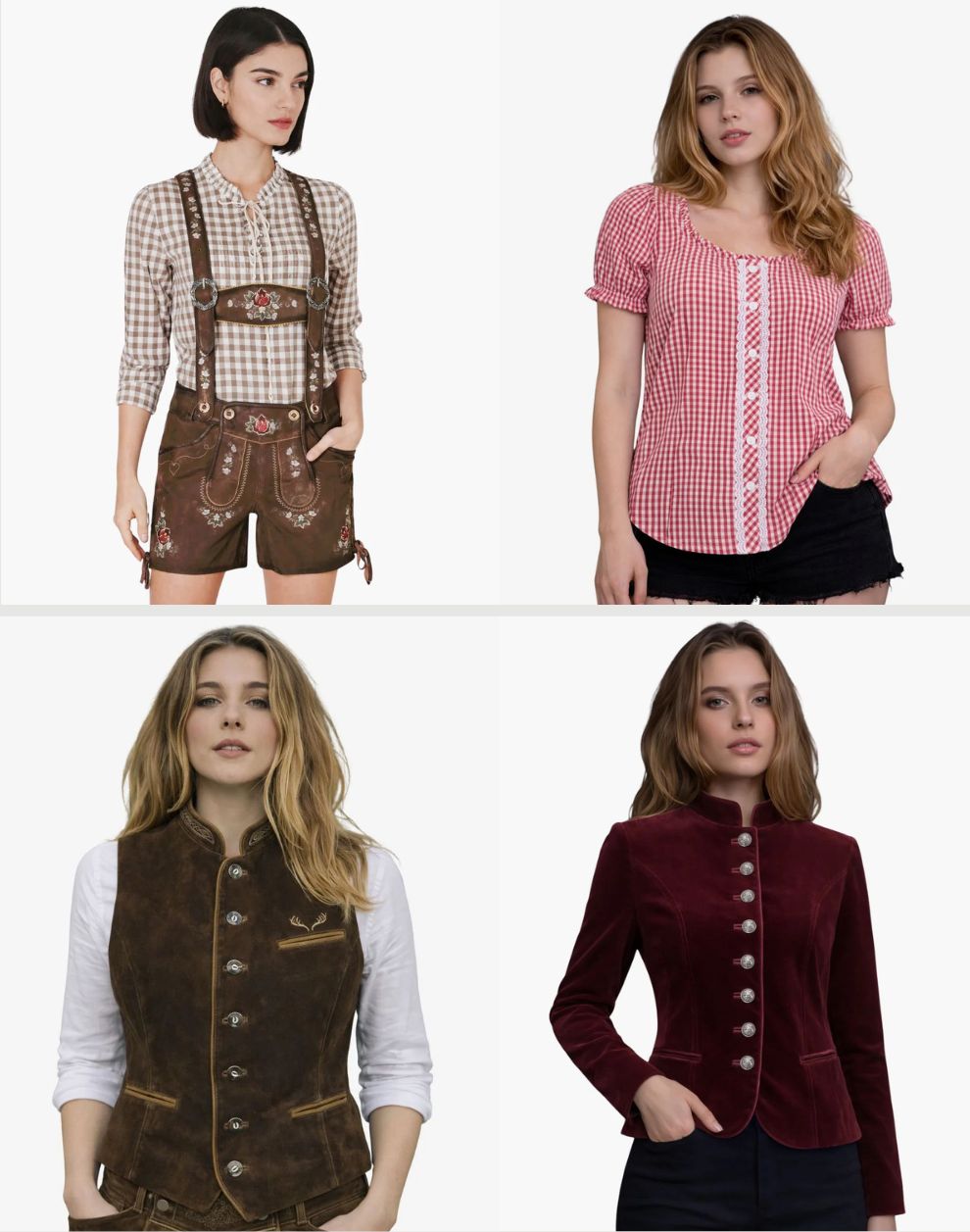 Four images of women wearing different outfits on a white background