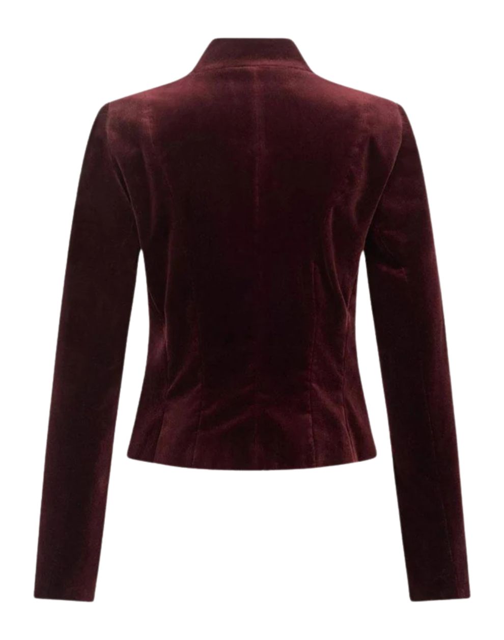 Back view of a burgundy velvet women’s jacket with a structured fit and clean tailored design.
