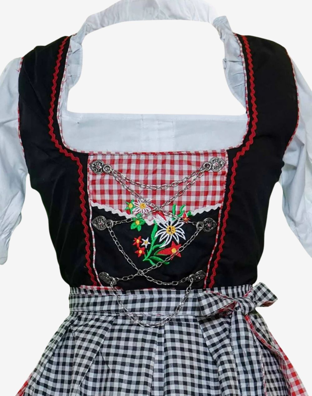 Close view of dirndl bodice highlighting floral embroidery, chain detail, check fabric panel and authentic Alpine design