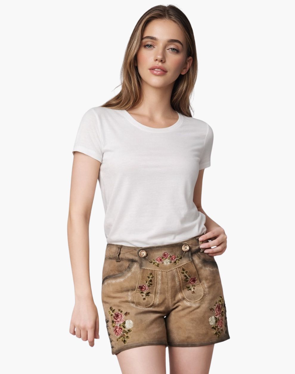 Woman wearing a white t-shirt and brown shorts with floral embroidery on a white background