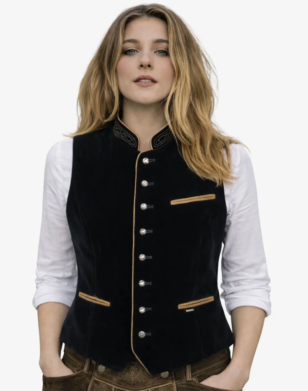 Women’s black leather waistcoat with decorative buttons and traditional Bavarian detailing.