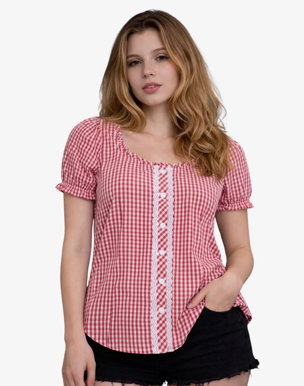 Woman wearing a red and white checkered blouse on a white background