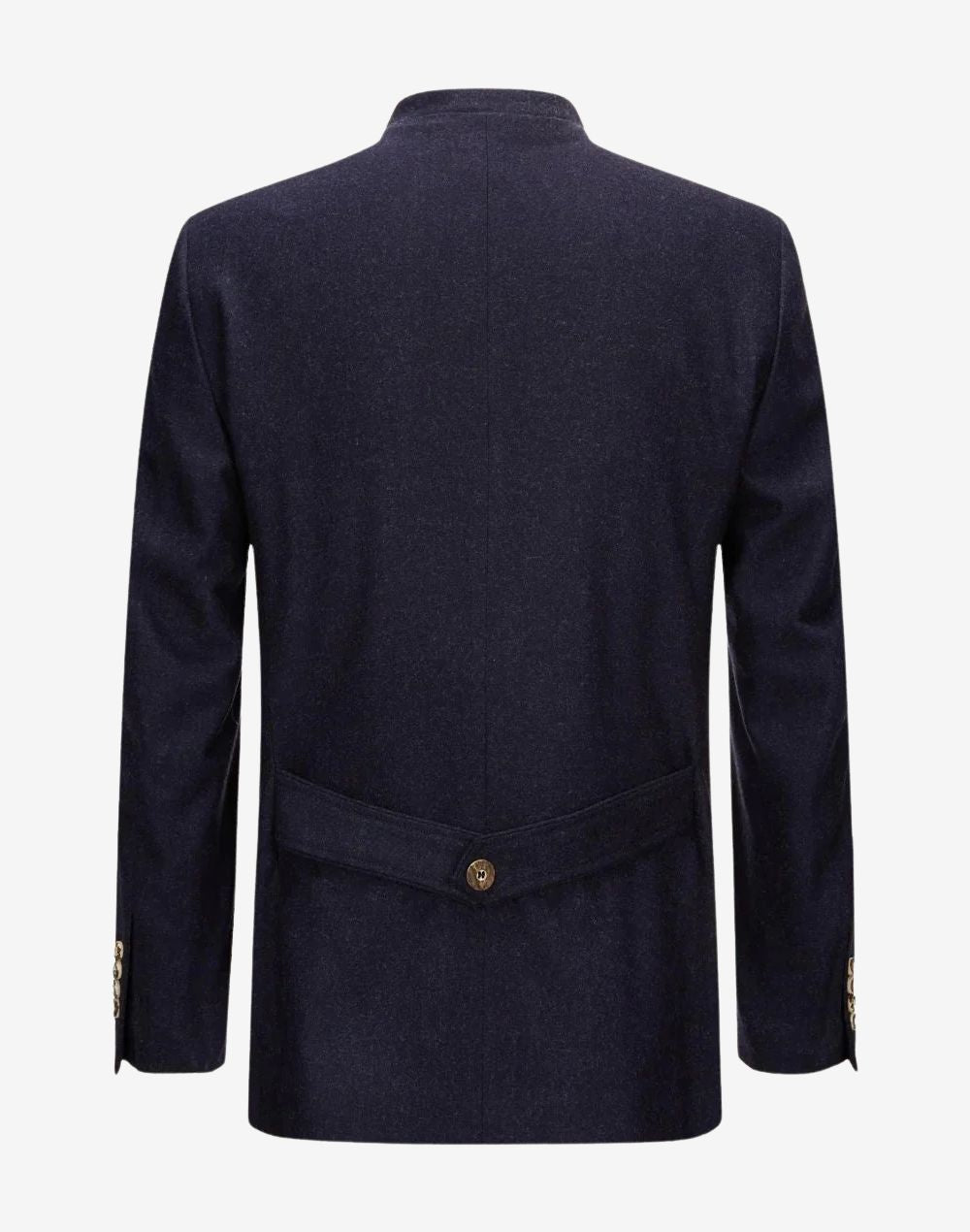 Back view of rustic alpine Trachten jacket for men showing structured seams and classic Bavarian Trachten tailoring.