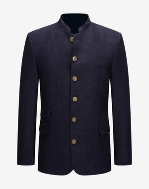 Front product view of rustic alpine Trachten jacket for men featuring wool fabric, stand collar and traditional Bavarian buttons.