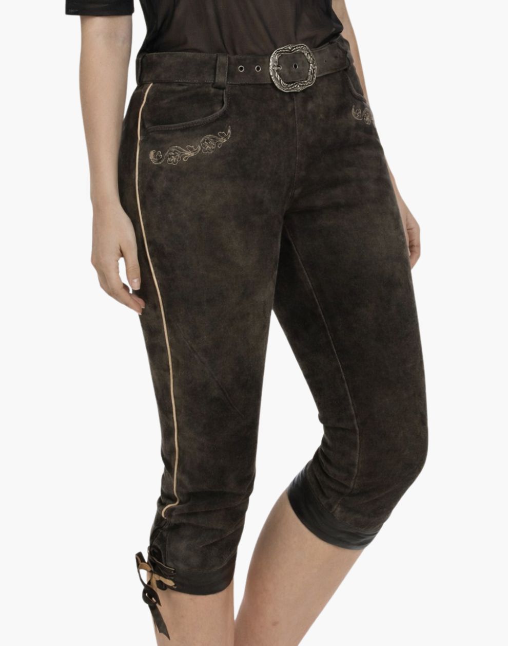 Brown riding pants with decorative elements on a white background