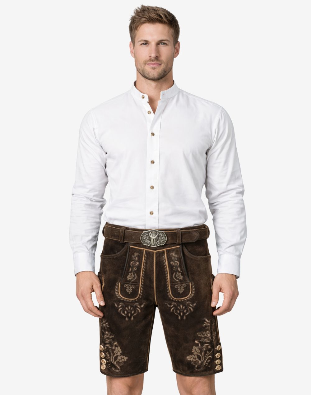 Model wearing rustic brown lederhosen for men with traditional Bavarian embroidery and classic belt buckle