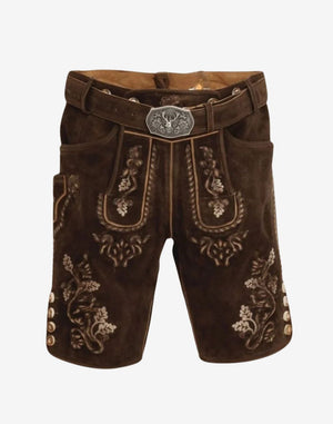 Rustic Brown Lederhosen for Men dark brown suede leather shorts with ornate bib embroidery, engraved belt buckle, and traditional styling