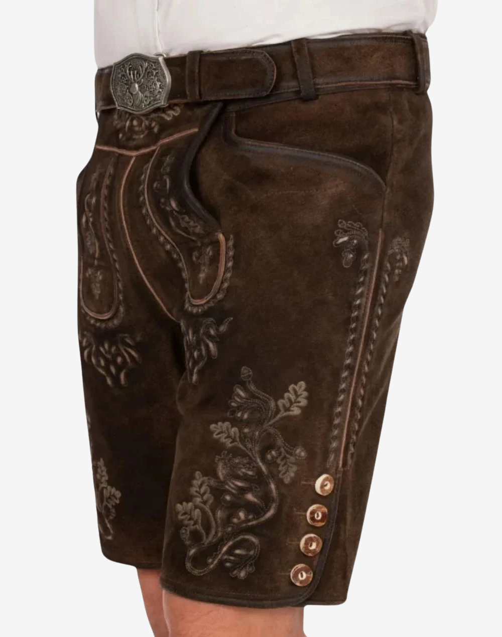 Rustic Brown Lederhosen for Men side view with suede texture, embroidered leg detailing, and buttoned hem accents