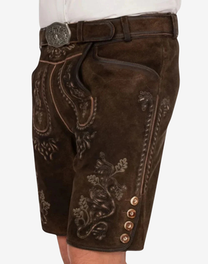 Rustic Brown Lederhosen for Men side view with suede texture, embroidered leg detailing, and buttoned hem accents