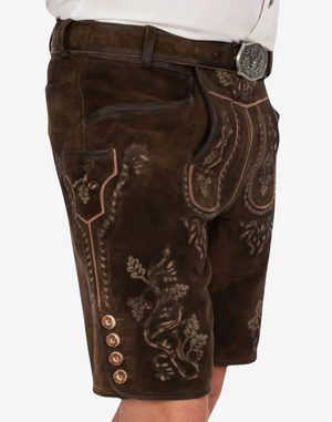 Rustic Brown Lederhosen for Men angled side view highlighting pocket trim, bib flap embroidery, and vintage leather finish