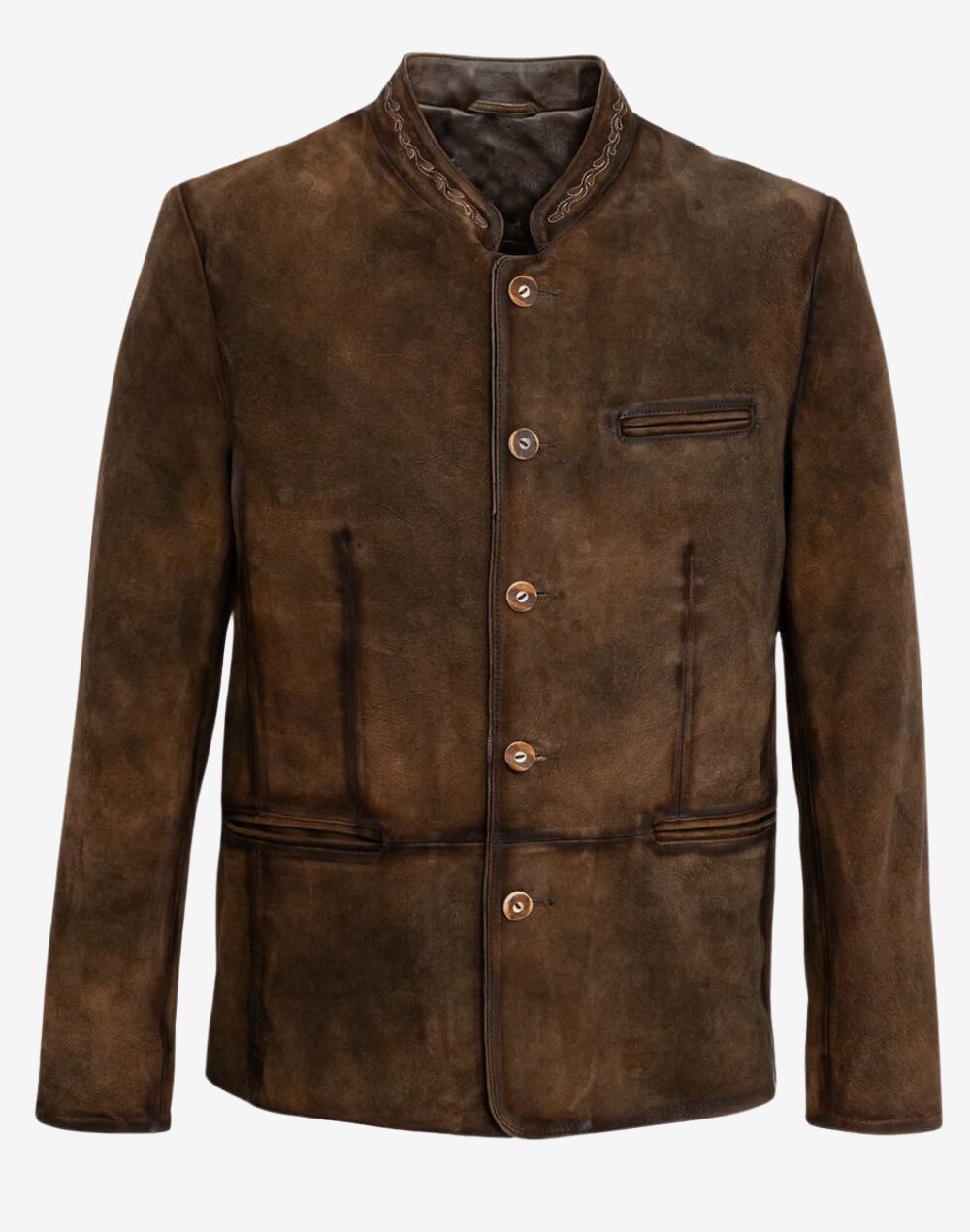 Front view of rustic brown suede Trachten jacket featuring traditional Bavarian design, stand collar, button closure, and vintage distressed finish.