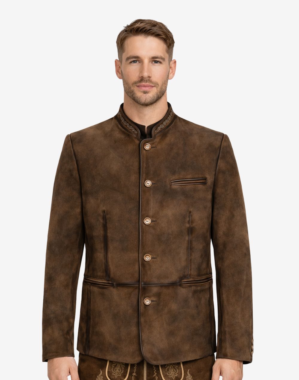 Model wearing rustic brown suede Trachten jacket with classic Bavarian style, stand collar, front buttons, and authentic Oktoberfest look.