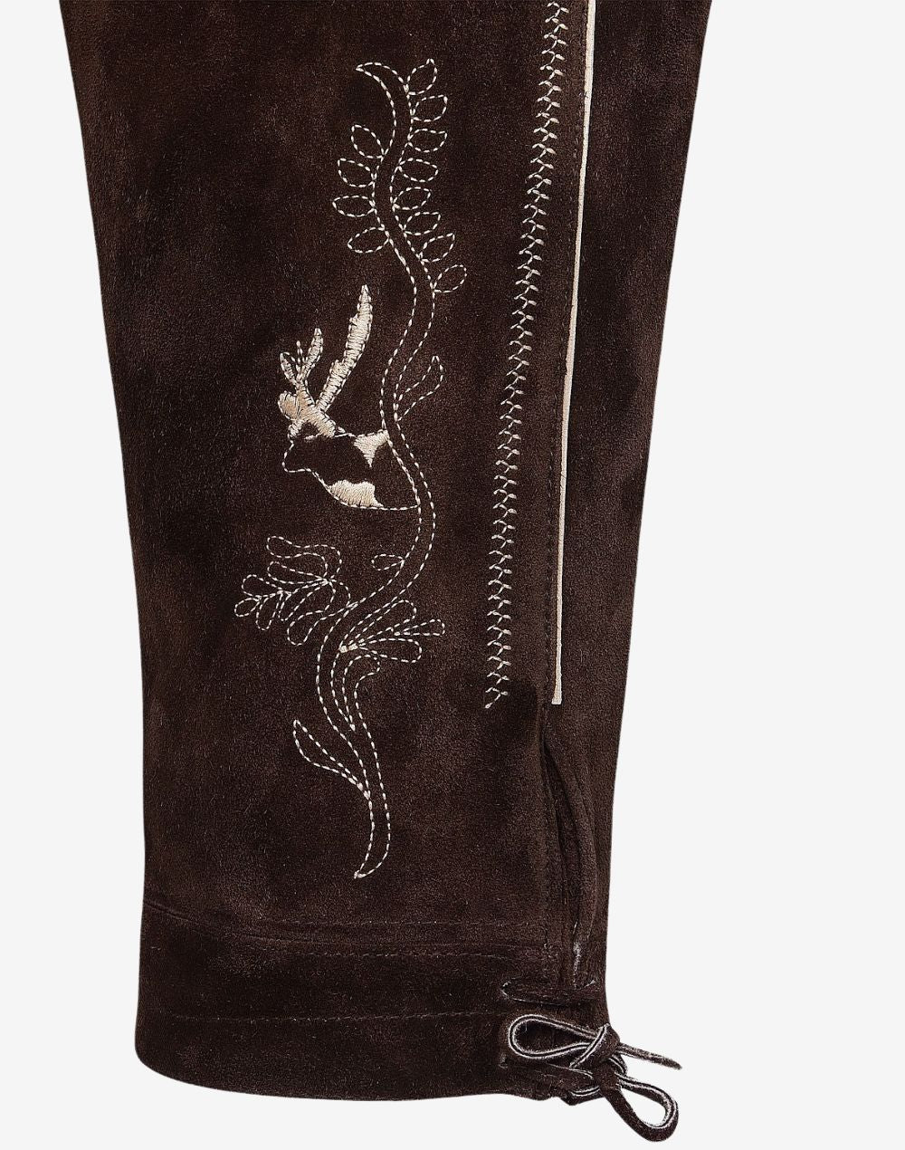 Close-up of side embroidery on rustic leather bundhosen highlighting stitched deer motif, decorative pattern and leather texture
