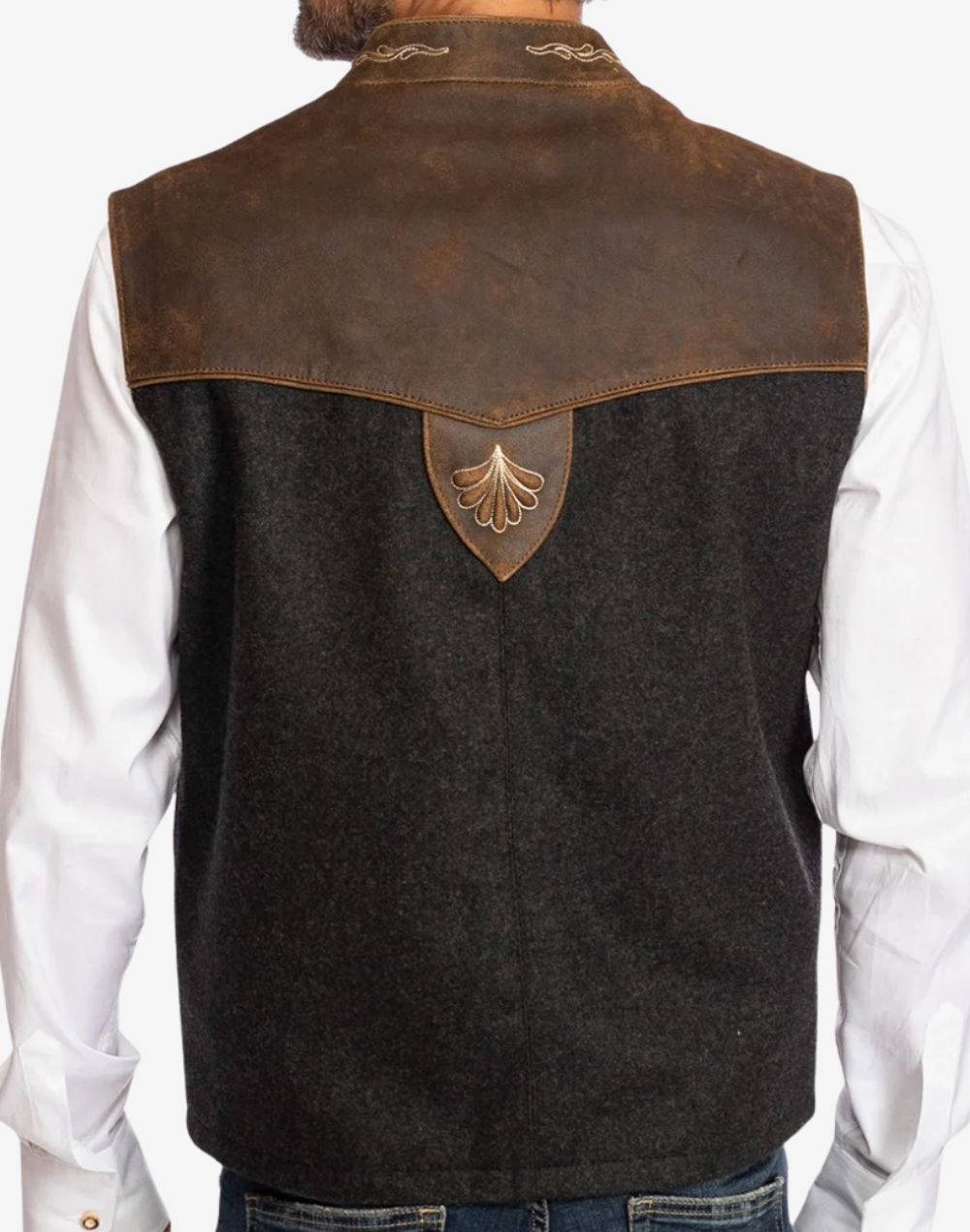Back view of rustic German Trachten vest featuring brown leather shoulder panel, wool fabric and traditional Bavarian style.