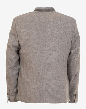 Back view of men’s rustic grey Bavarian jacket showing clean tailored silhouette, structured fit, premium wool texture, and traditional German Trachten craftsmanship.