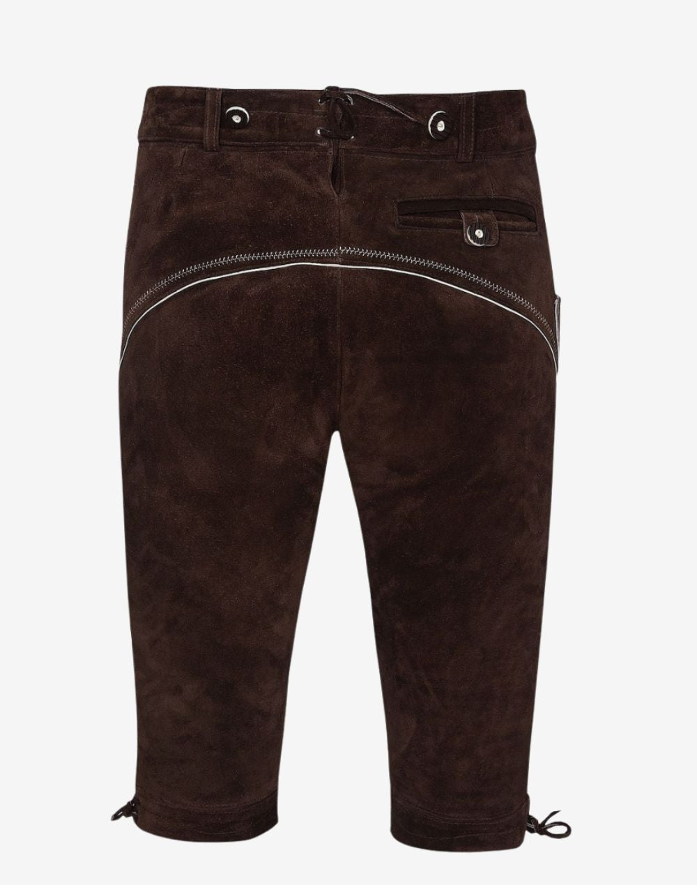 Rear view of rustic leather bundhosen showing back pocket detail, curved stitching, waistband design and classic Bavarian style