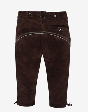 Rear view of rustic leather bundhosen showing back pocket detail, curved stitching, waistband design and classic Bavarian style