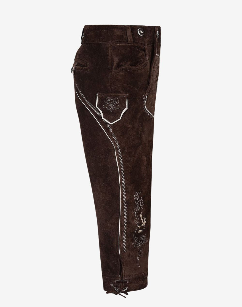 Side angle view of rustic leather bundhosen displaying contrast stitching, side pocket design and traditional knee tie closure