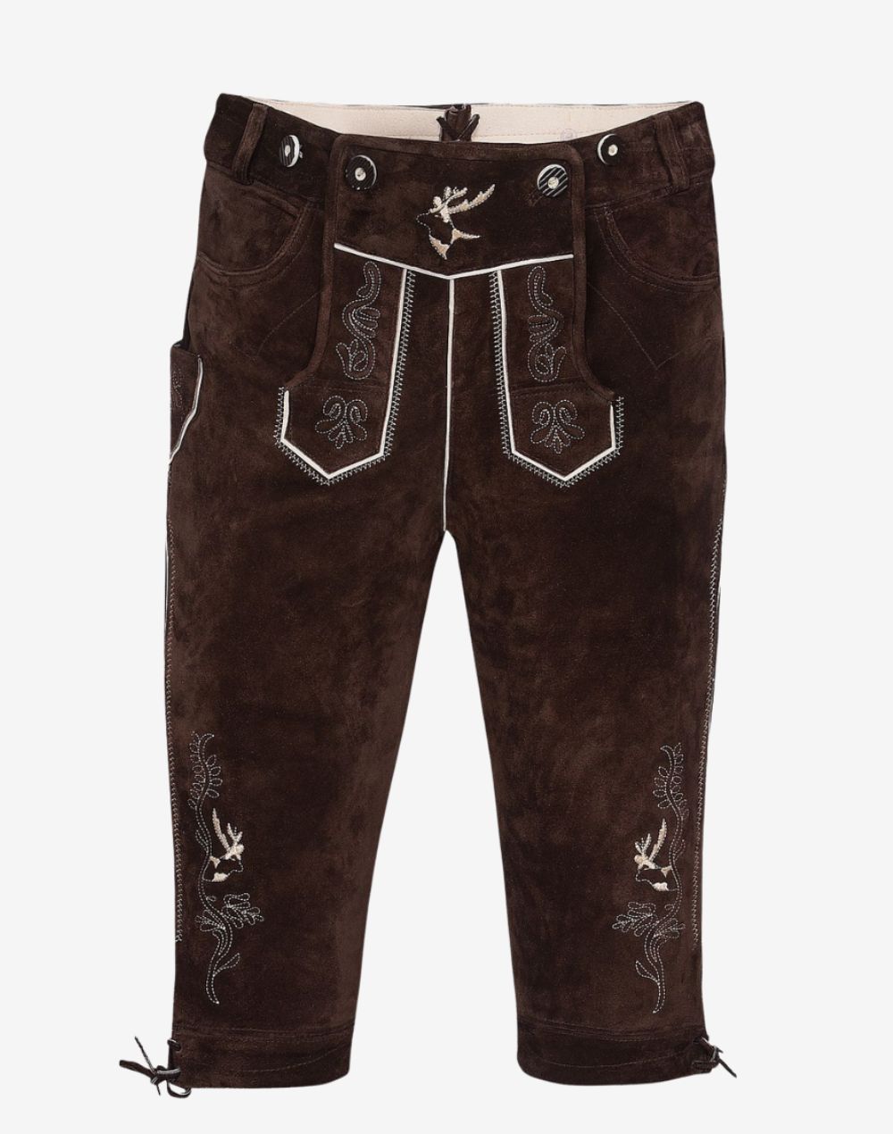 rustic leather bundhosen for men featuring dark brown finish, traditional flap front, embroidery and knee-length fit