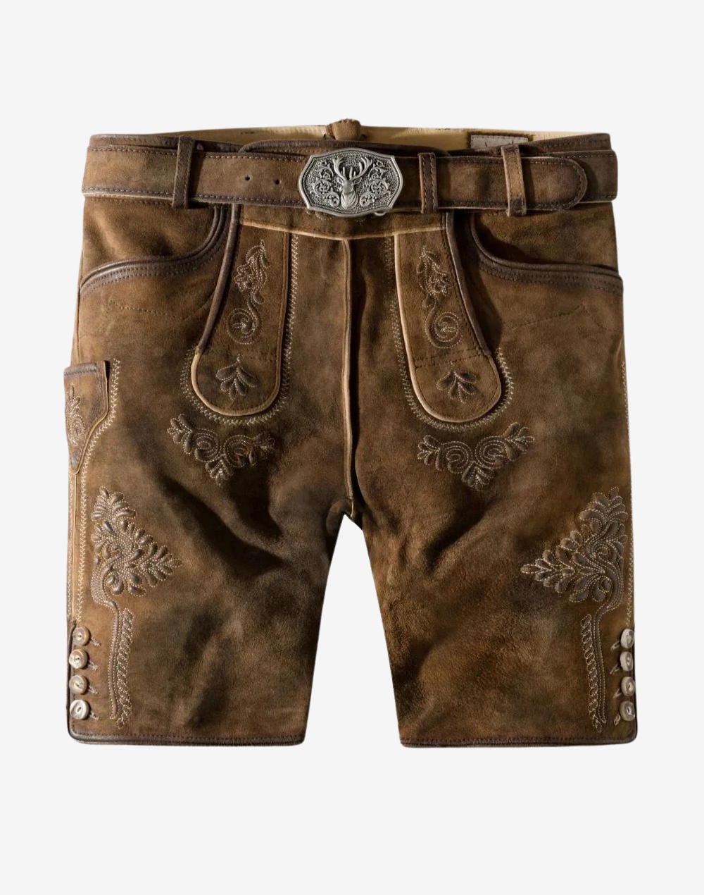 Rustic men’s traditional lederhosen vintage brown bundhosen with embroidered bib and belt