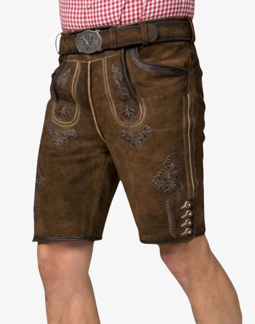 Bavarian tracht lederhosen shorts for men dark brown with Latz front and decorative stitching