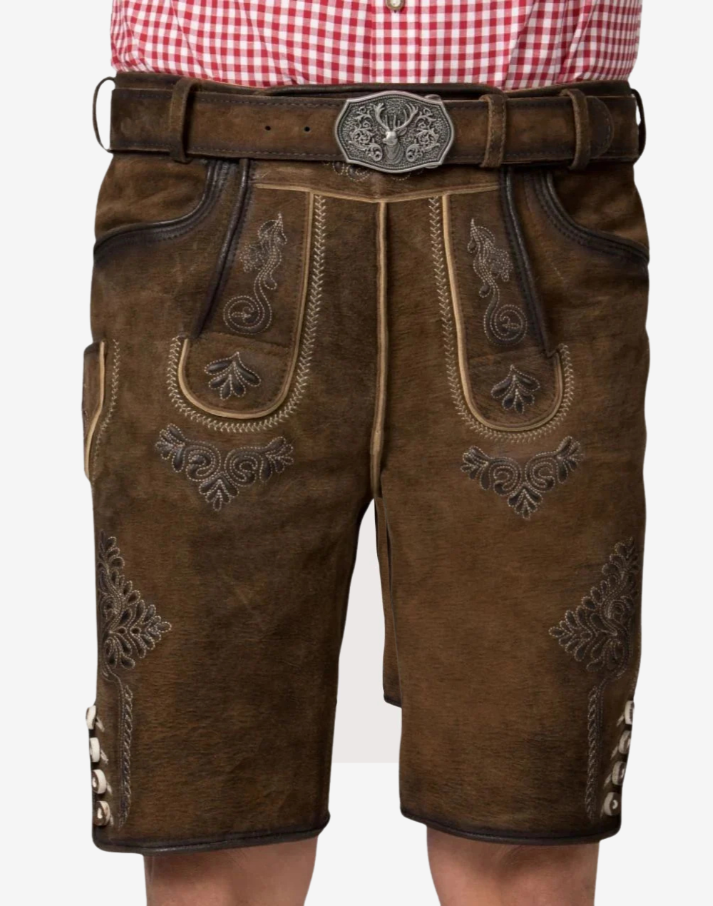Traditional German lederhosen for Oktoberfest with belt buckle and classic bundhosen cut