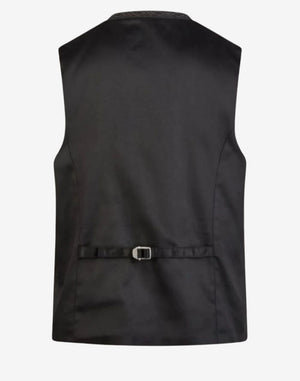Back view of rustic wool Bavarian vest for men with adjustable strap and tailored traditional fit.