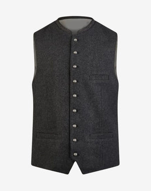 Front view of rustic wool Bavarian vest for men featuring traditional Trachten styling, button front closure, and classic Alpine design.