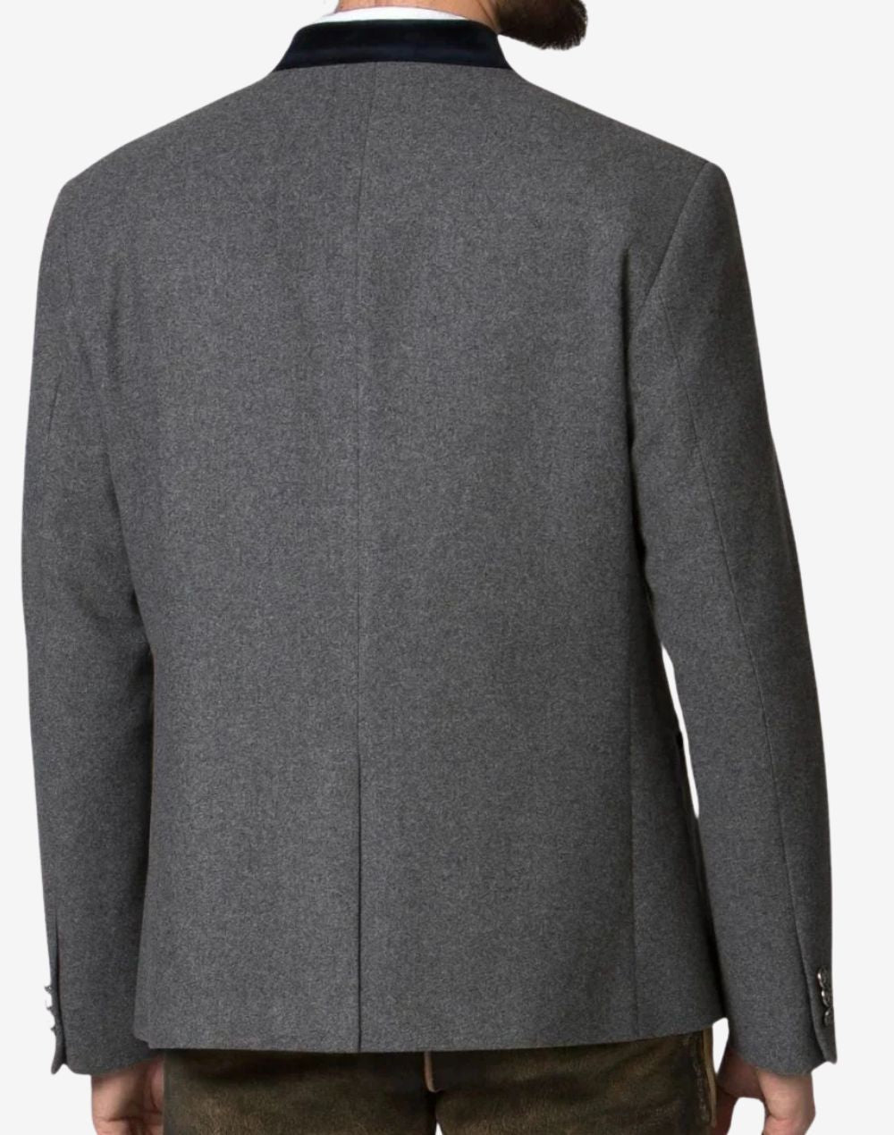 Back view of rustic gray wool Trachten jacket for men showing tailored seams and structured traditional Bavarian fit.