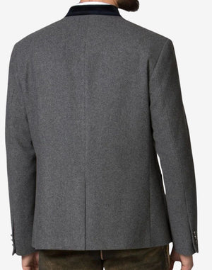 Back view of rustic gray wool Trachten jacket for men showing tailored seams and structured traditional Bavarian fit.
