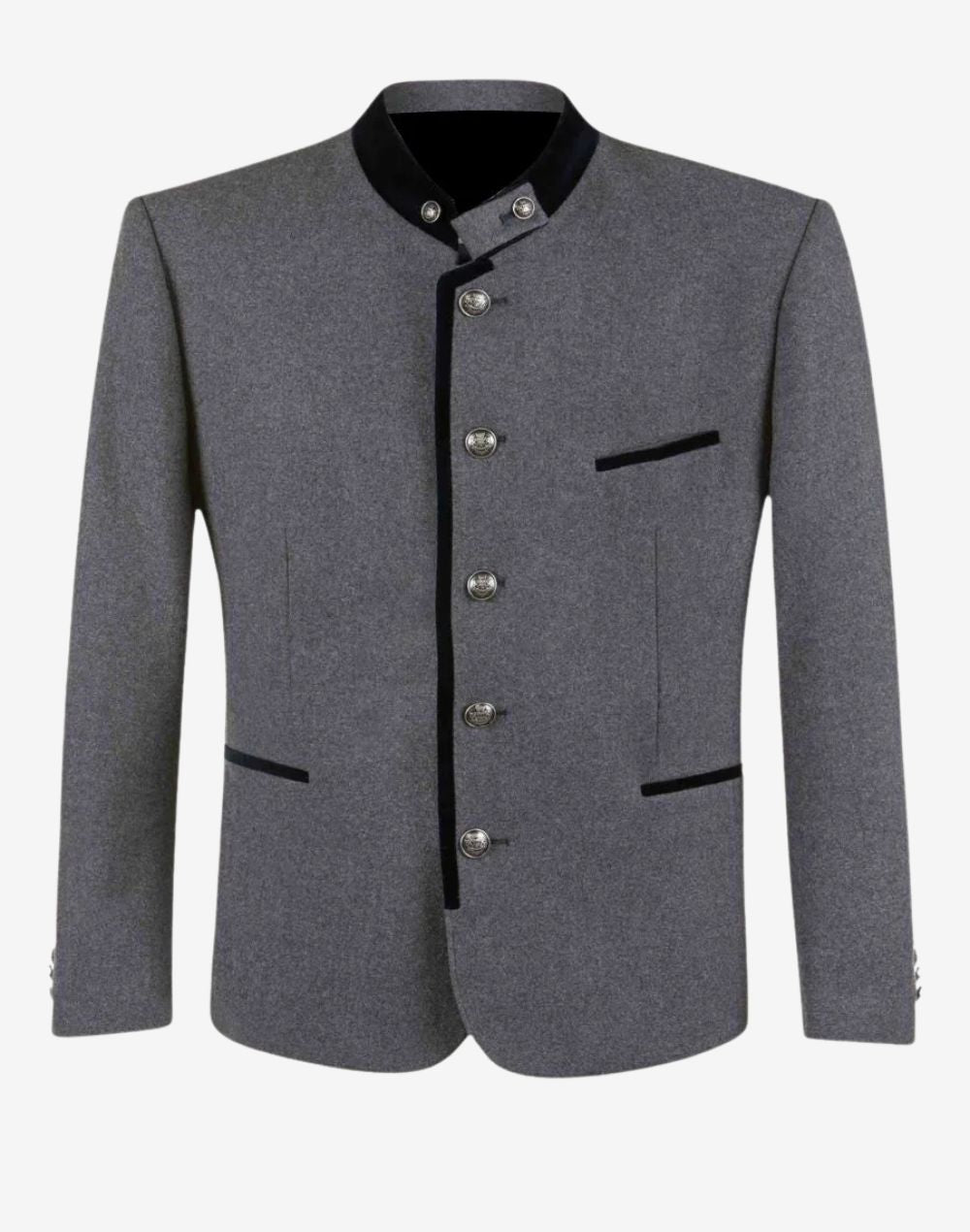 Front product view of rustic wool Trachten jacket for men featuring gray wool fabric, stand collar and traditional Bavarian buttons.